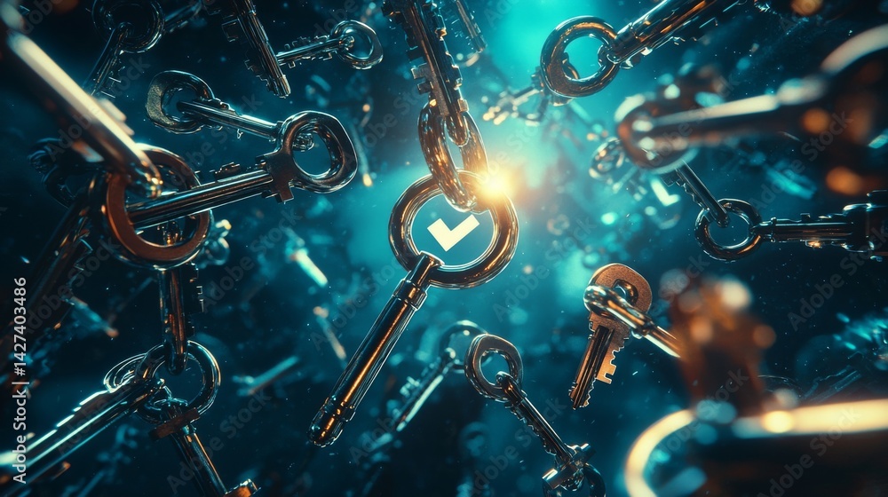 Poster a captivating image of keys floating in a vibrant digital environment.