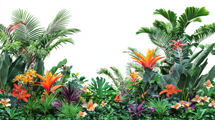 A vibrant tropical garden arrangement showcases lush greenery with colorful bromeliads and orchids against a clean white backdrop, ideal for design elements.