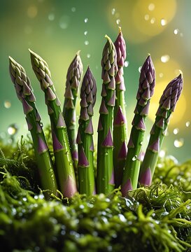 Fresh green asparagus spears standing upright with water droplets on top of moss, beautifully lit with a soft bokeh background, representing freshness and organic food

