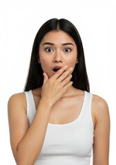 Fototapeta premium beautiful woman standing with shocked face hands on mouth