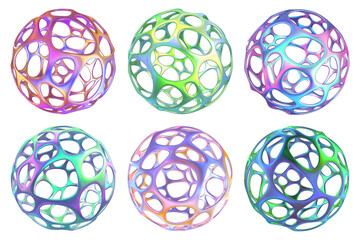 Set of 6 abstract 3D Voronoi spheres – Colorful futuristic design elements with transparency for compositing. Contrast between organic shape and high tech metallic finish.