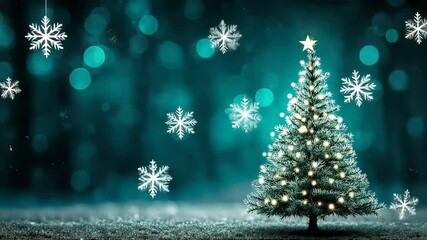 Festive Christmas tree adorned with glowing lights and star topper, surrounded by falling snowflakes against a bokeh teal background. - Powered by Adobe