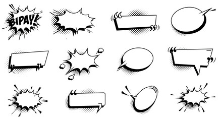 Comic explosion speech bubble vector shapes, speech bubble silhouettes, starburst designs in black. Ideal for graphic design, comic book art, pop art, and digital illustrations