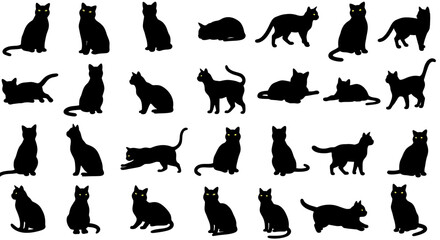 Black cat silhouettes in various poses, isolated on white background. Perfect for logos, decals, apparel design. Elegant, sleek feline figures showcasing minimalist modern art