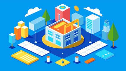 Obraz premium The architectural model takes center stage in the construction site office surrounded by blueprints and other building plans.. Vector illustration