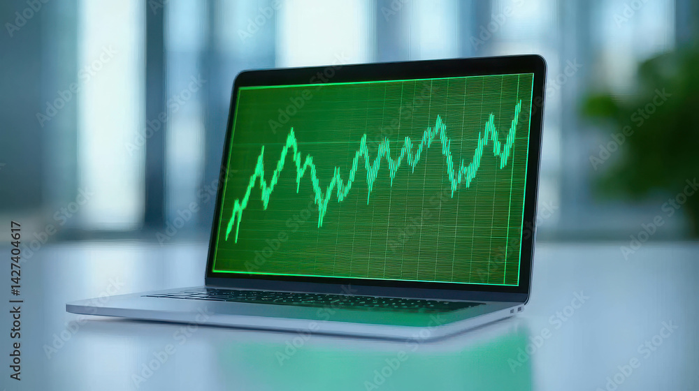 Poster digital display of stock market data on laptop screen with trend graph fluctuations