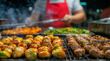 Naklejka premium Grilled Meat and Vegetables on a Barbecue with Smoke and a Chef in Action at Night Market