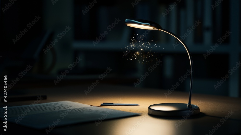 Poster a cozy workspace illuminated by a modern desk lamp casting soft light on a notebook.