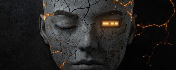 A cracked robot face symbolizing the merging of artificial intelligence and humanity.