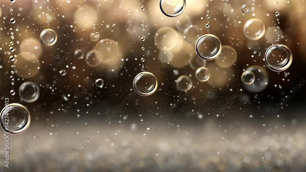 Poster abstract golden bokeh background with suspended shimmering bubbles and falling glitter particles. el