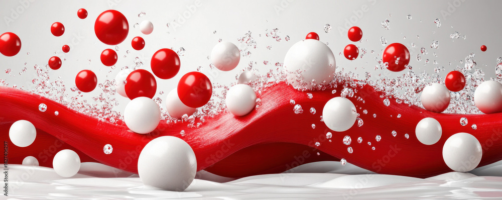 Poster a ribbon with a variety of colored balls is displayed. the ribbon is red and white, and the balls ar