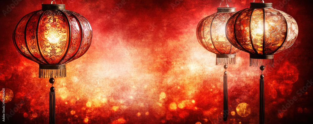 Poster a red background with three lanterns hanging from the ceiling. the lanterns are lit up and the scene