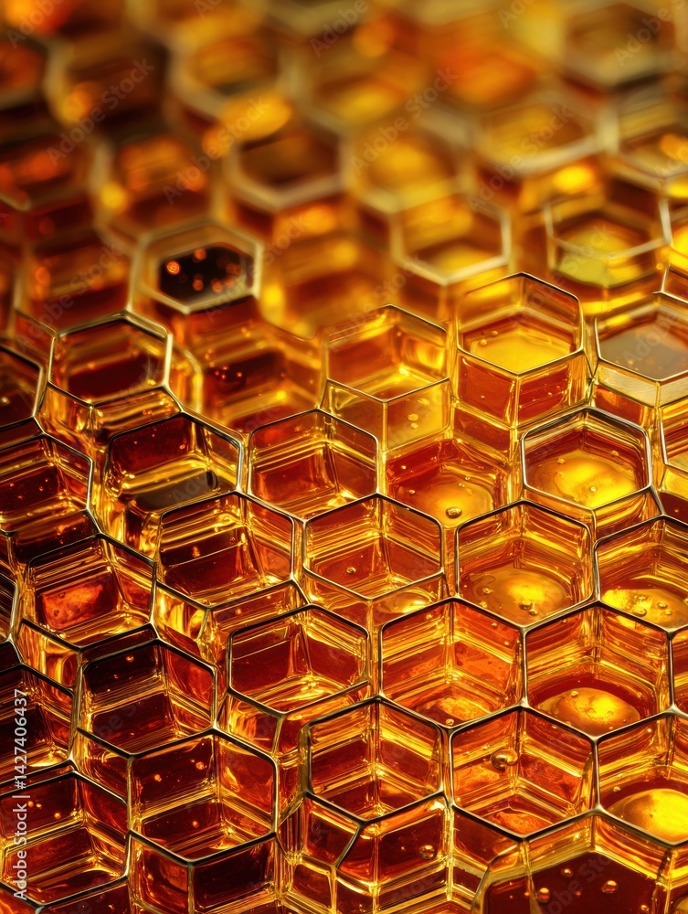 Poster macro view of honeycomb structure showcasing golden honey reflections in natural light