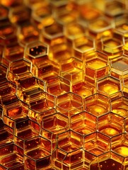 Fototapeta premium Macro View of Honeycomb Structure Showcasing Golden Honey Reflections in Natural Light