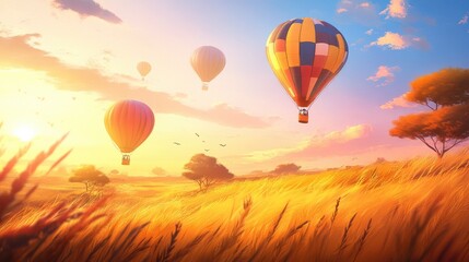 Obraz premium Hot Air Balloons Soaring Over Golden Fields at Sunset