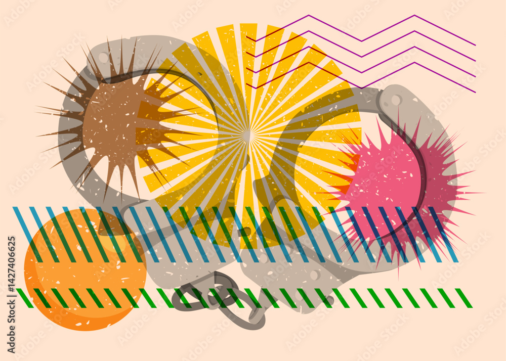 Poster risograph handcuffs with geometric shapes. objects in trendy riso graph print texture style design w