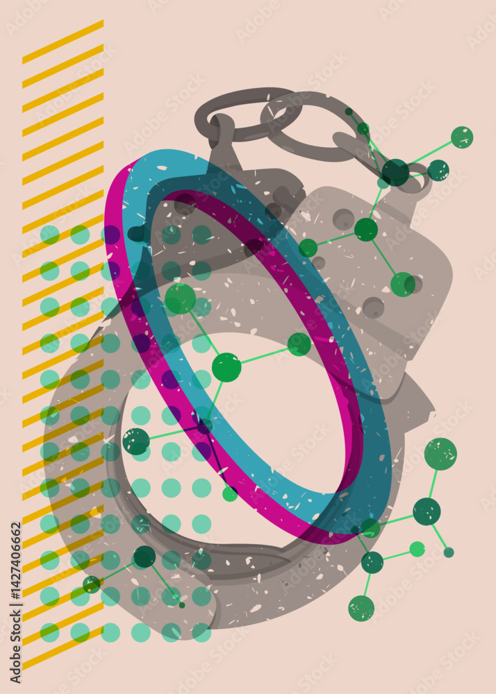 Poster risograph handcuffs with geometric shapes. objects in trendy riso graph print texture style design w