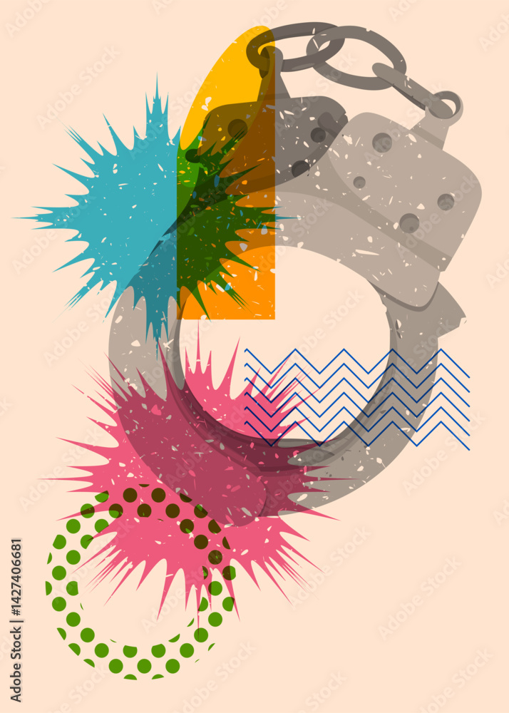 Poster risograph handcuffs with geometric shapes. objects in trendy riso graph print texture style design w