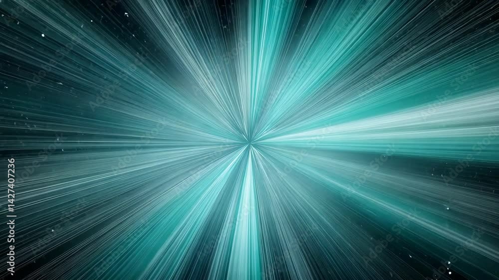 Poster abstract teal light streaks radiating outward with stars and particle dust, creating a hyper speed e