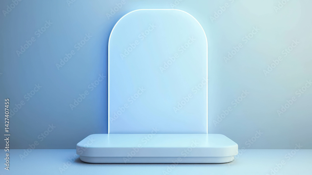 Poster minimalist display stand with neon light in soft blue background for product showcase