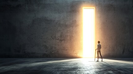 A figure stands before a bright opening, symbolizing hope and new beginnings.