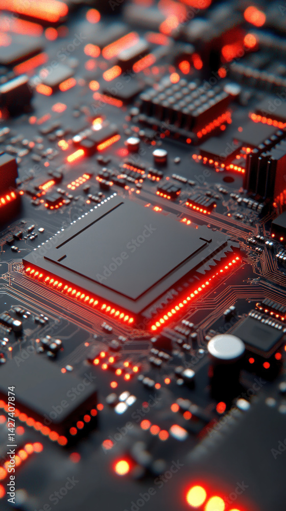 Poster a close up of a computer chip with red lights. concept of technology and innovation, as well as the 