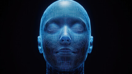 Fototapeta premium A blue head with a face made of computer chips. The head is in a black background. The head is very detailed and looks like a robot