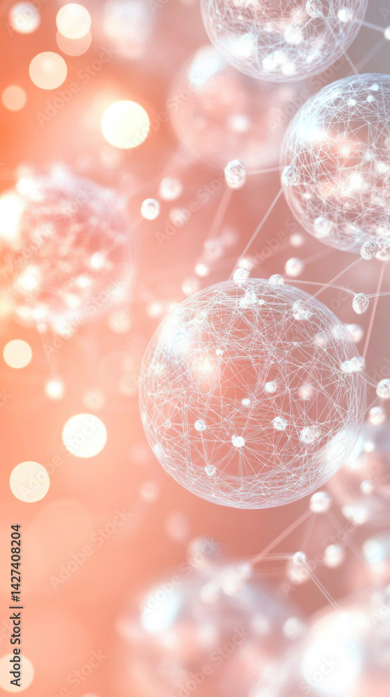 Poster a close up of a bunch of small, clear, white spheres. the spheres are connected by a web of lines, c
