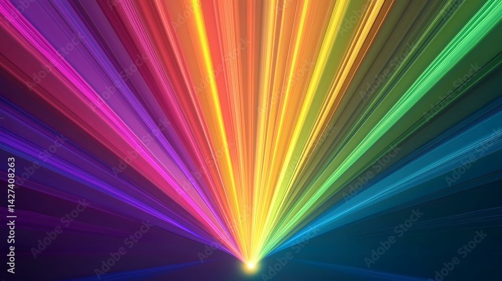 Poster the image contains a vibrant, radiating burst of light in a rainbow of colors, emanating from a cent