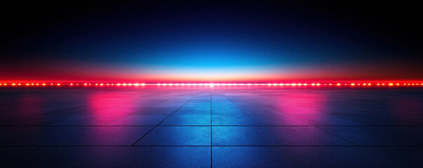A blue and red background with a line of lights. The background is dark and the lights are bright