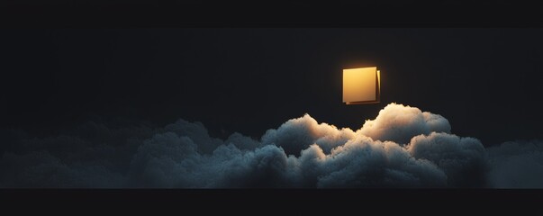 A glowing box emerges from dark clouds, symbolizing creativity and inspiration.