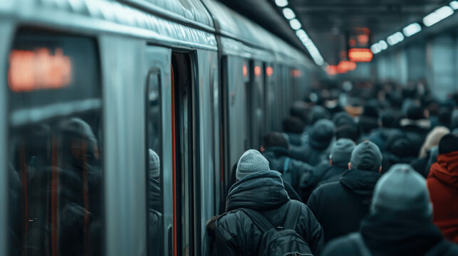 Crowded subway station with commuters waiting for train during evening rush hour