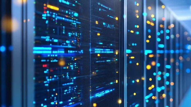 Modern server room activity with IT staff, blinking lights, secure systems, and high-speed data flow in a digital infrastructure environment.
