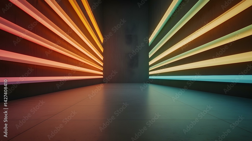 Aufkleber a dark, empty room is illuminated by contrasting warm and cool neon lights arranged in parallel line