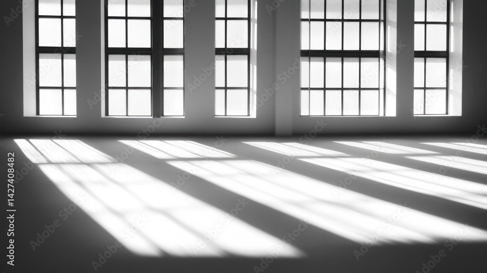 Poster a large room with many windows and a lot of sunlight. the room is empty and the sunlight is shining 