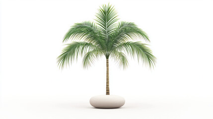 Obraz premium A beautifully rendered palm tree, standing tall in a stylish white pot, creates a peaceful and serene tropical ambiance against a bright white background scene.