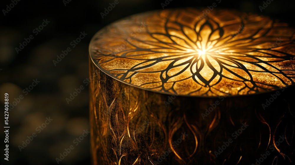 Poster a small, round object with a gold and black design sits on a surface. the design is intricate and de
