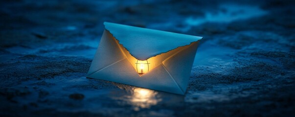 A glowing envelope rests on wet ground, symbolizing hidden messages and secrets.