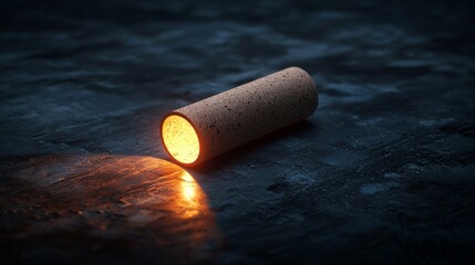 A glowing flashlight rests on a textured surface, illuminating its surroundings.