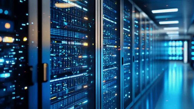 Modern server room activity with IT staff, blinking lights, secure systems, and high-speed data flow in a digital infrastructure environment.