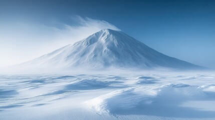 Snowy volcano, windswept plains, arctic landscape, serene sunrise, travel poster
