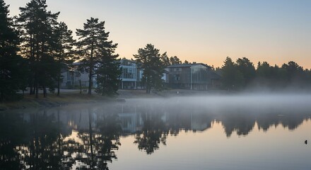 Obraz premium Misty Dawn Reflection: Modern Architecture by Still Lake