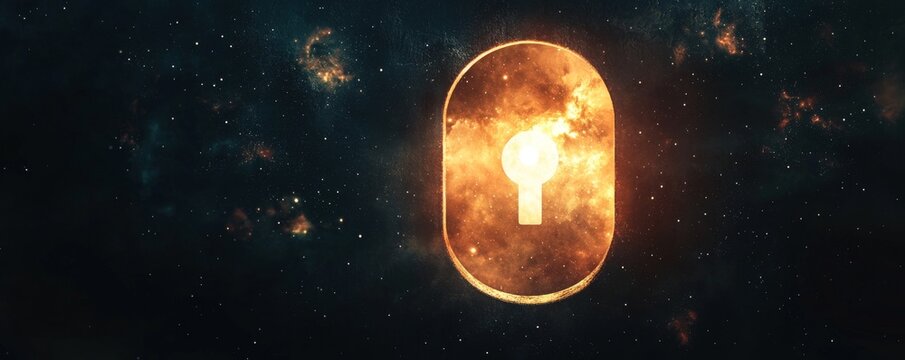 A glowing keyhole surrounded by a cosmic background representing mystery and exploration.