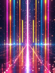Futuristic neon light trails with vibrant pink, blue, and orange streaks converging into a vanishing point on a reflective surface, perfect for high-tech digital backgrounds
