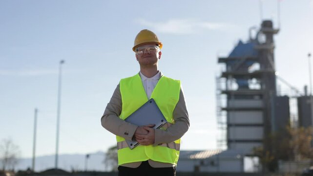 Dressed in safety gear and holding a tablet, this heavy industry engineer represents the fusion of hands-on experience and digital tools. His focused expression conveys professionalism and technical