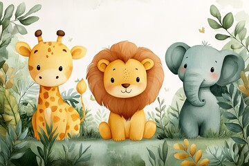 Adorable cartoon animals sitting together in a jungle setting