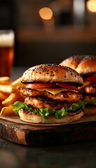 Chicken Burgers, Fries, Bar Scene