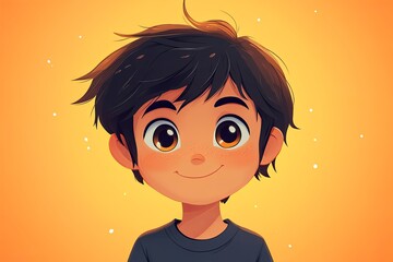 A smiling cartoon illustration of a young boy with dark hair