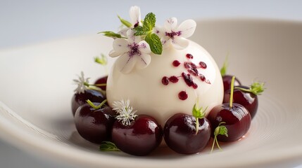 Elegant White Chocolate Sphere Dessert with Fresh Cherries and Delicate Flowers Gourmet Culinary Gastronomy Exquisite Presentation Artistic Food Photography Sweet Treat Delicious Recipe Luxury        