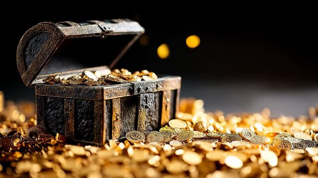 Antique treasure chest overflowing with shiny gold coins on a rustic wooden surface display
